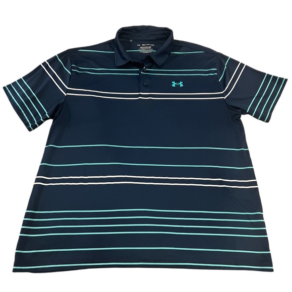 Under Armour Men's The Playoff Polo XXL with Navy and Teal Stripes - Picture 1 of 7